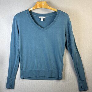 Athleta Shirt Women XS Blue Long Sleeve Vneck Luxe Thumb Hole Extra Soft Sweater